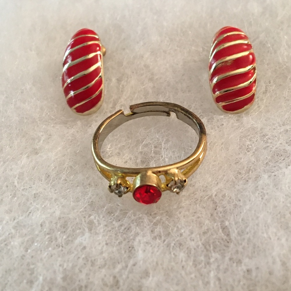 Matching Red & Gold Earrings and Ring